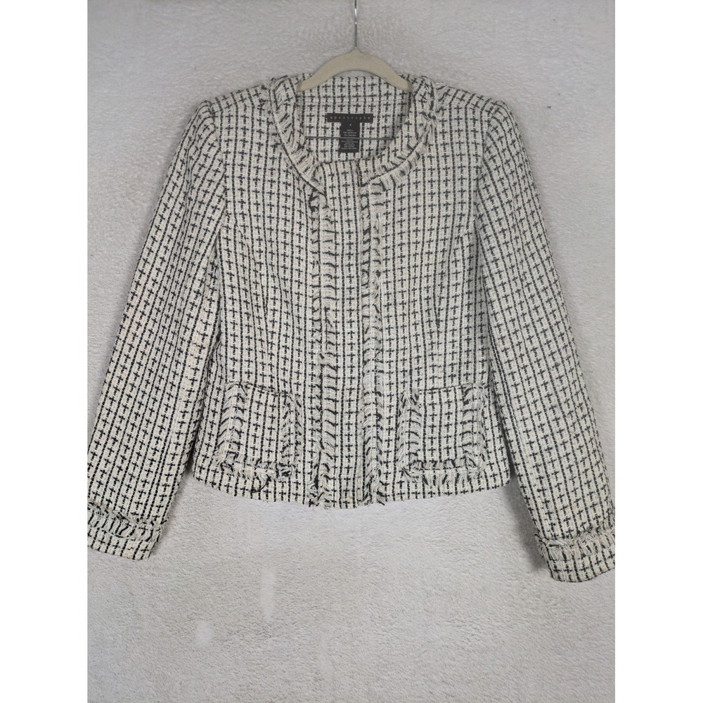 Apostrophe Jacket Women's 4 Ivory Black Tweed Style Frayed Trim Professional